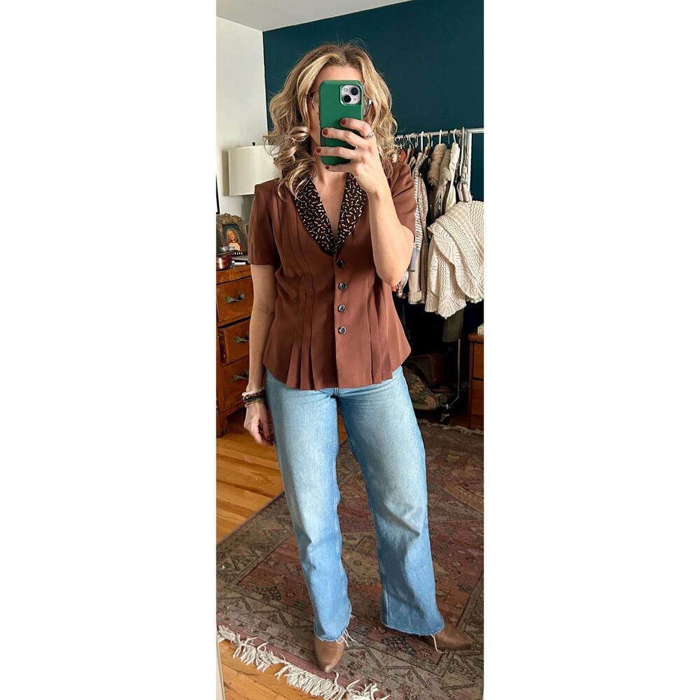 Vintage 80’s Does 40’s Brown and Black Short Sleeve Blouse Size Medium